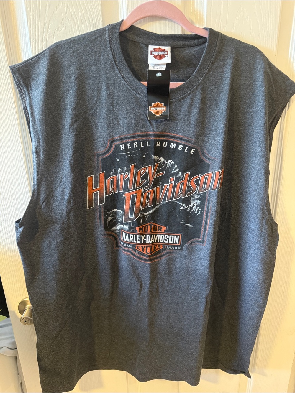 NWT-Harley-Davidson Charcoal Gray Sleeveless Graphic Tank with Orange Accent Log